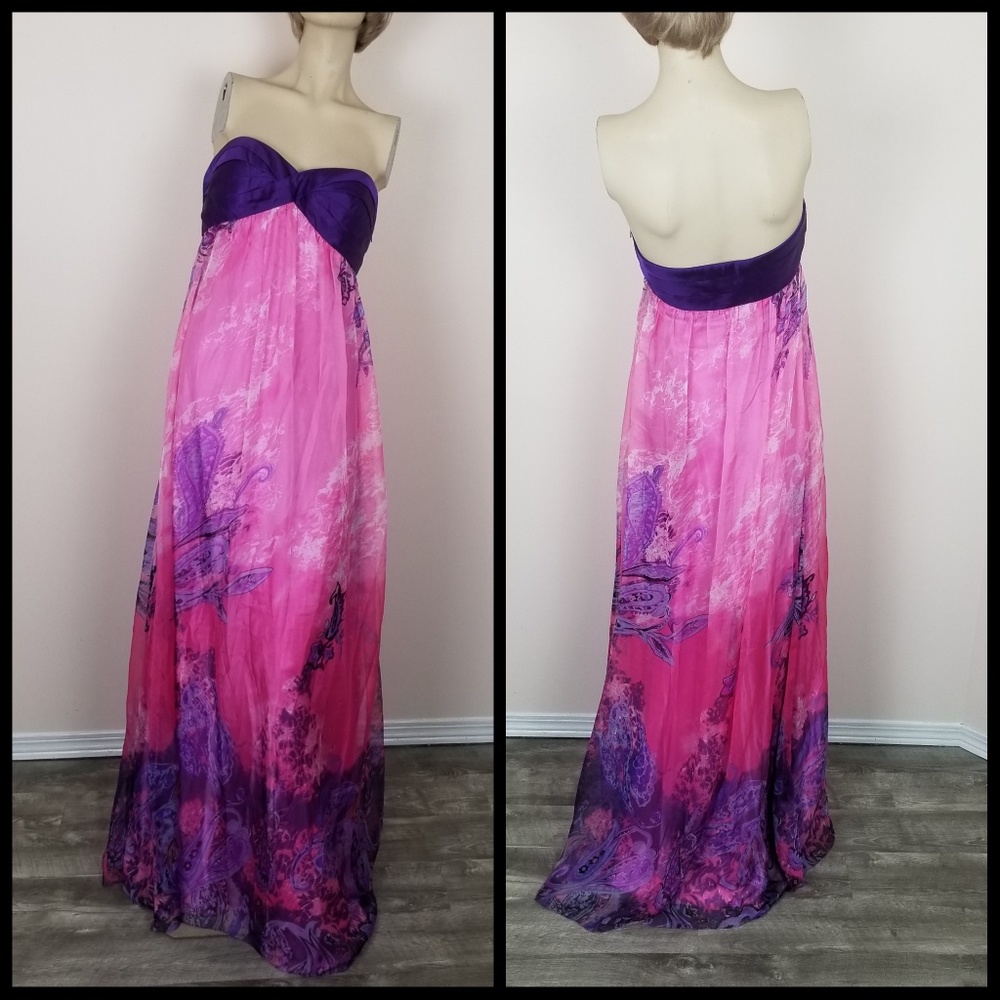 Le femme Paris purple strapless gown paisley NWT